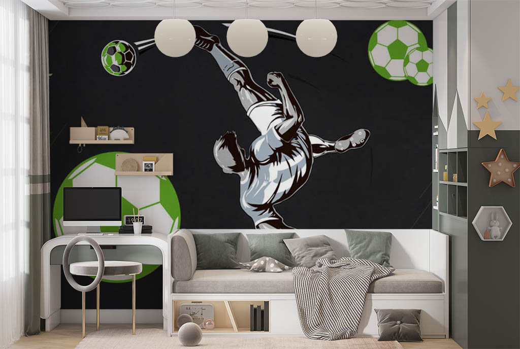 Фотообои и фрески - Футболист с мячами на черном фоне