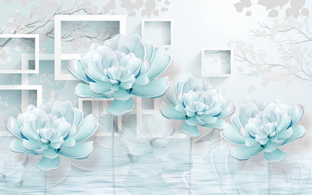 Фотообои и фрески - 3d цветы в воде и объемные квадраты