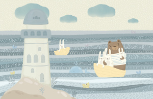 Медведь в лодке с зайчиками, синий