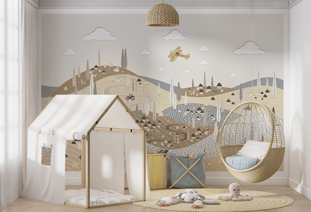Фотообои и фрески - Самолётик над фермой в серо-бежевых пастельных оттенках 2D