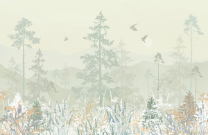 Птицы над холмами в нежно-зеленых оттенках